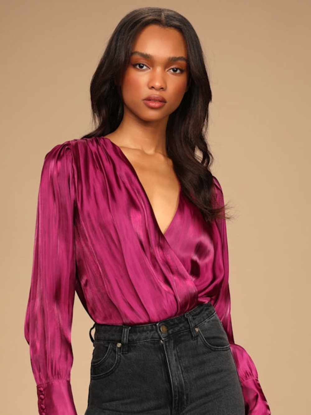 Lulus Love Interest Magenta Satin Long Sleeve Surplice Bodysuit Purple - Size S